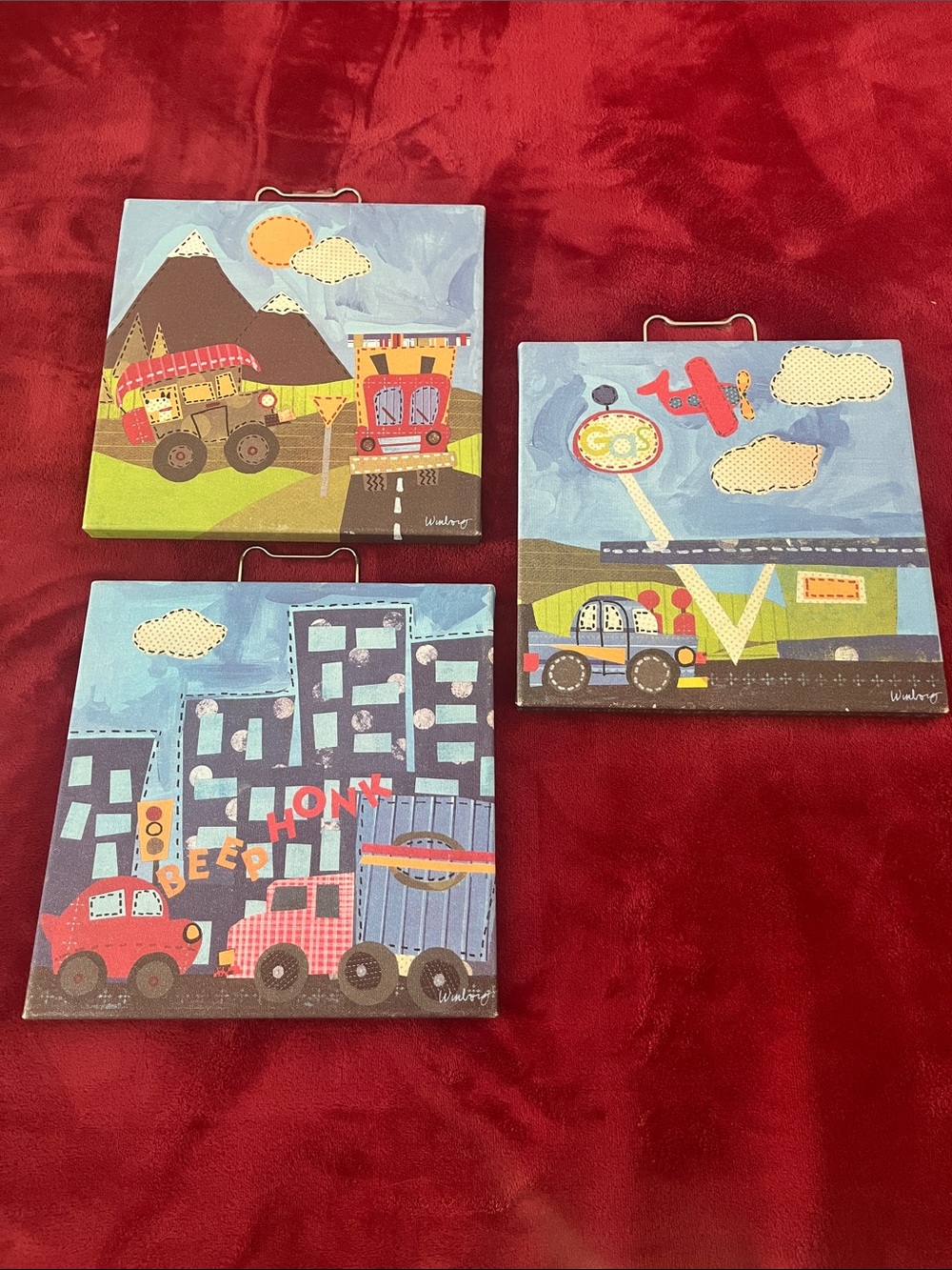 Whimsical Kids Vehicle Canvas Set - Blue and Multicolor, childs wall decor.